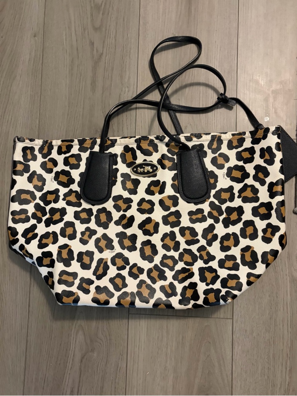 Coach Leopard Print Tote in Black and Tan on Cream